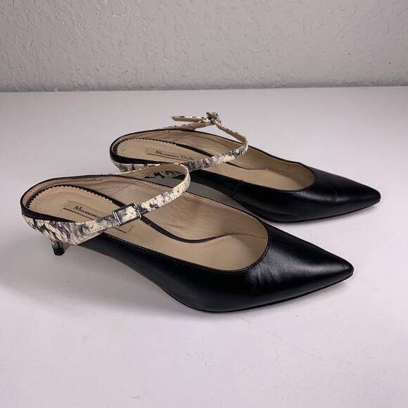MASSIMO DUTTI Black Leather Snakeskin Pointed Toe Slip-On‎ Kitten Heel Size 35 - Picture 5 of 11